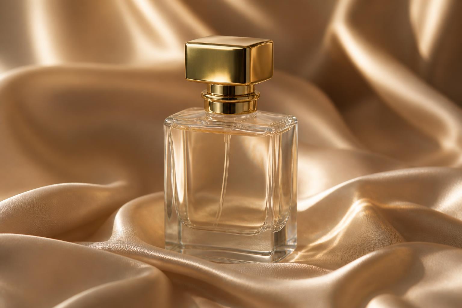 Luxury perfume bottle on champagne silk