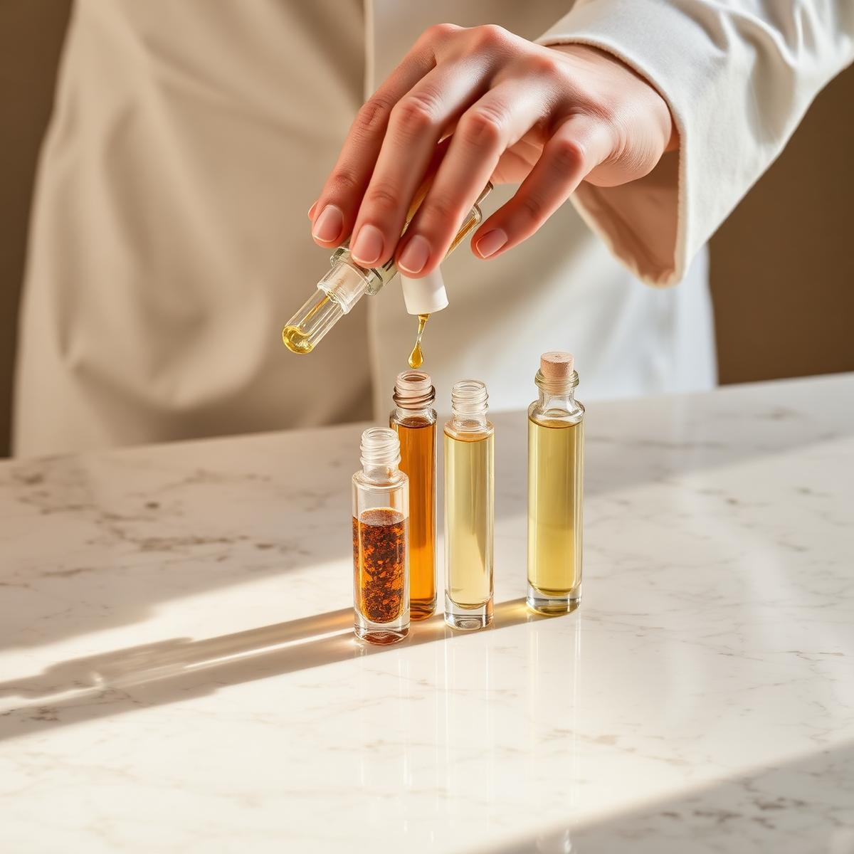 Perfumer blending essences on marble